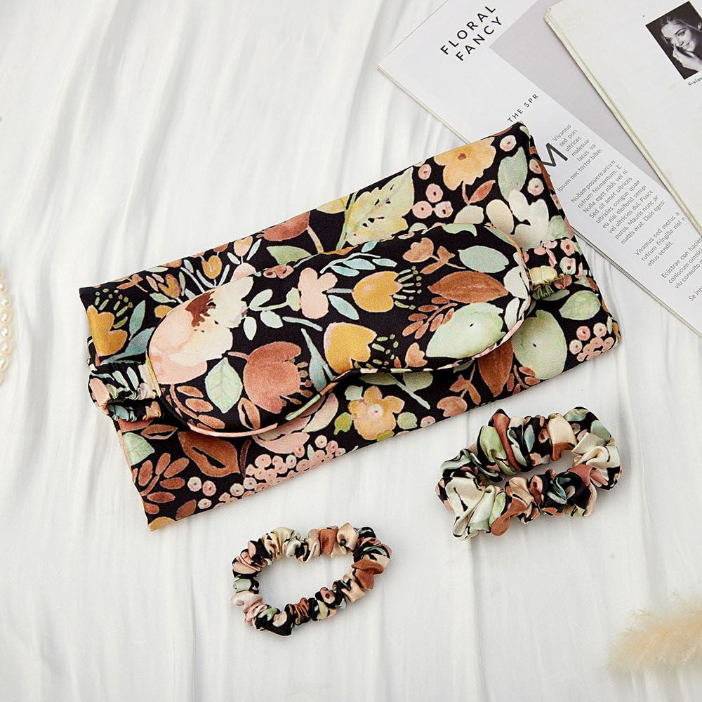 Silk Pillowcase with Eye Mask Gift Set - Black Floral