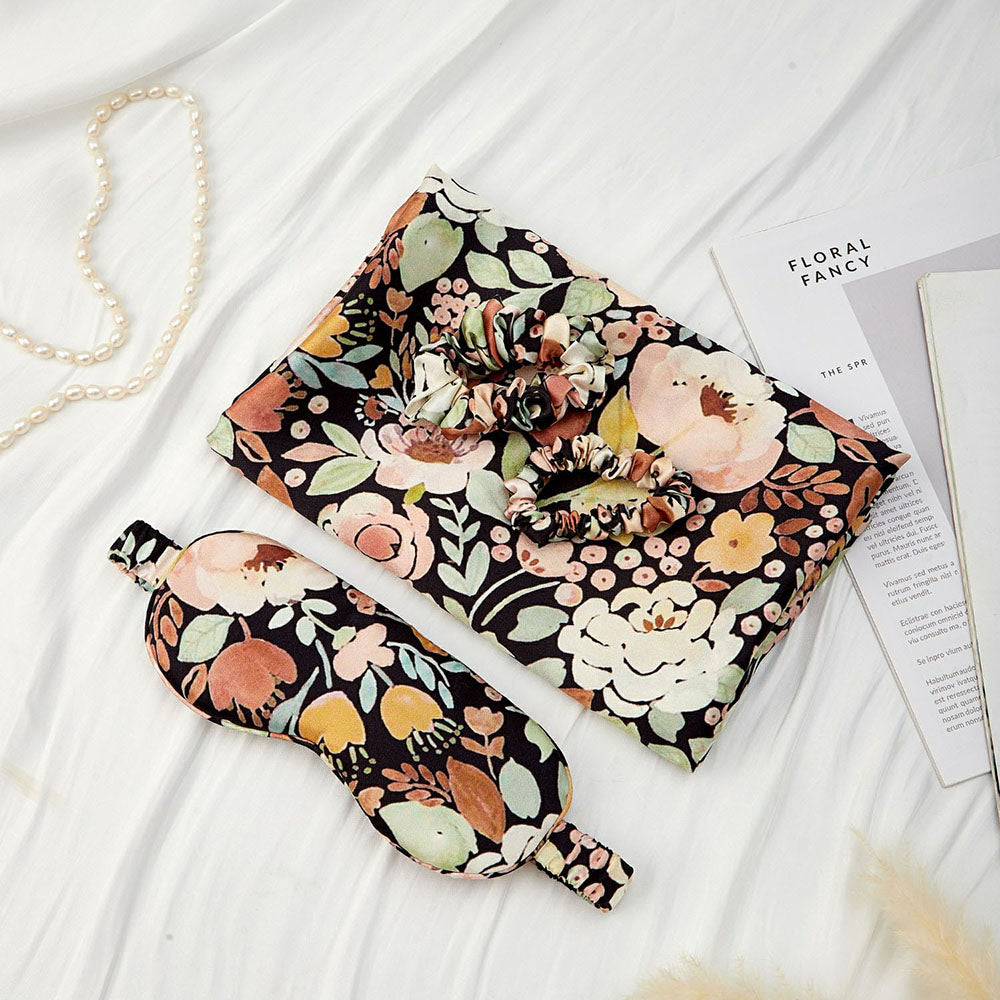 Silk Pillowcase with Eye Mask Gift Set - Black Floral