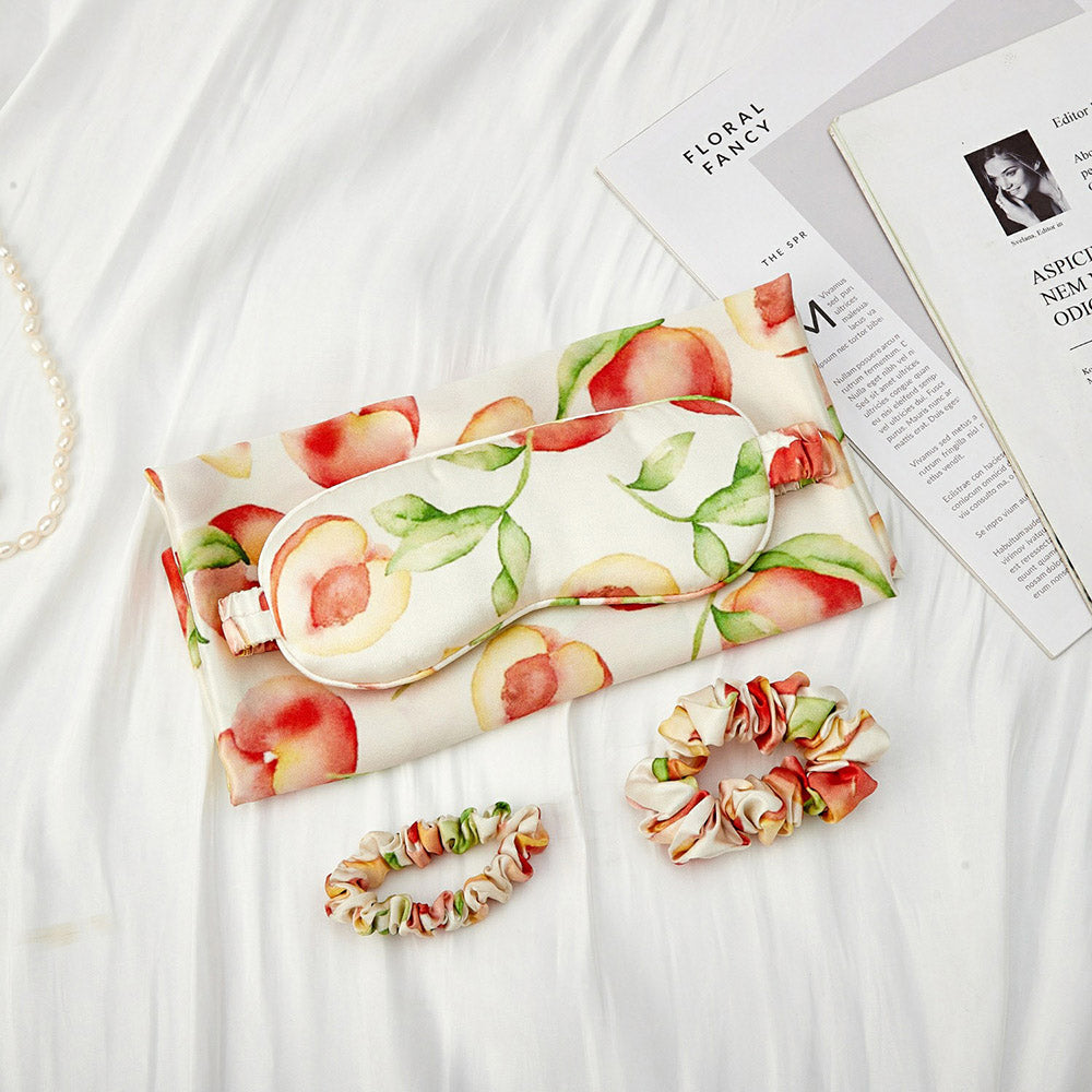 Silk Pillowcase with Eye Mask Gift Set - Peach Patterned
