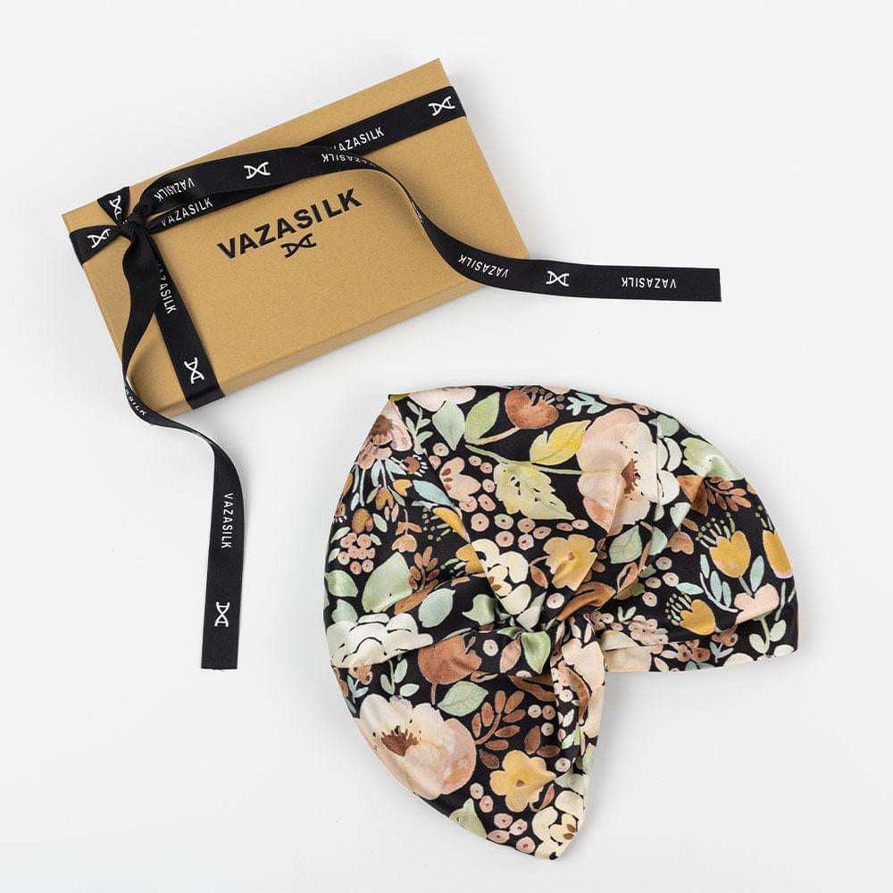 vazasilk single layer silk bonnet Black Floral