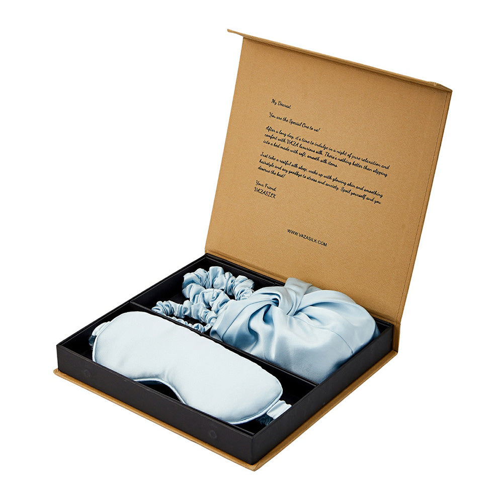 Silk Bonnet with Eye Mask Gift Set - Light Blue