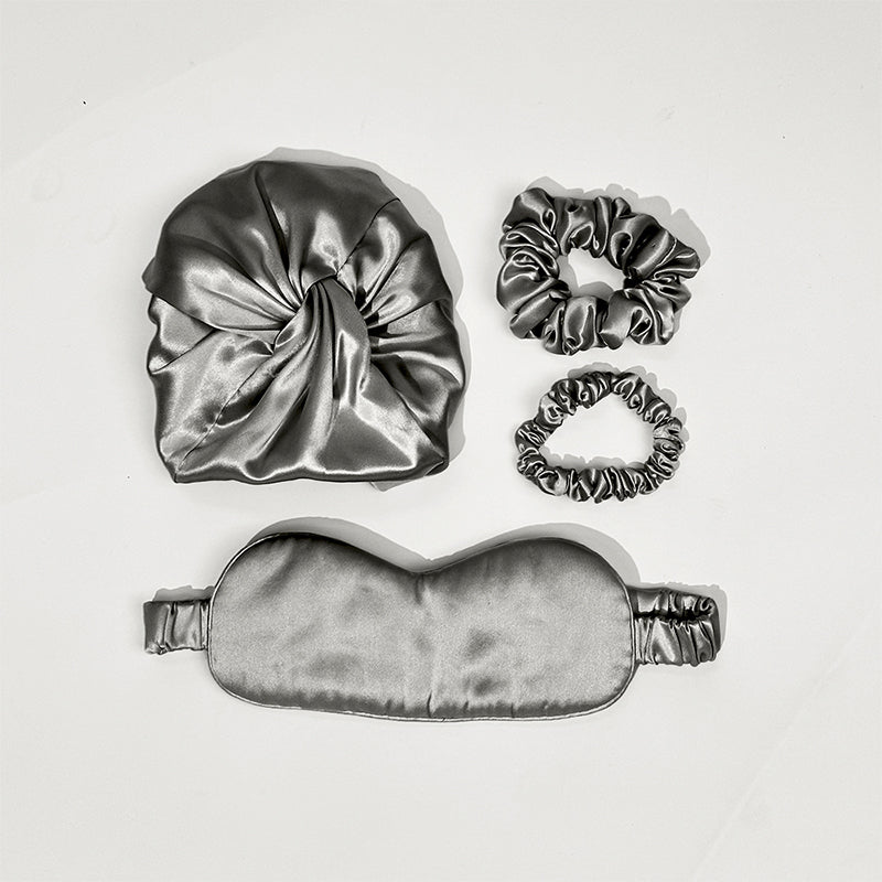 Seidenhaube mit Augenmaske Geschenkset - Dunkelgrau