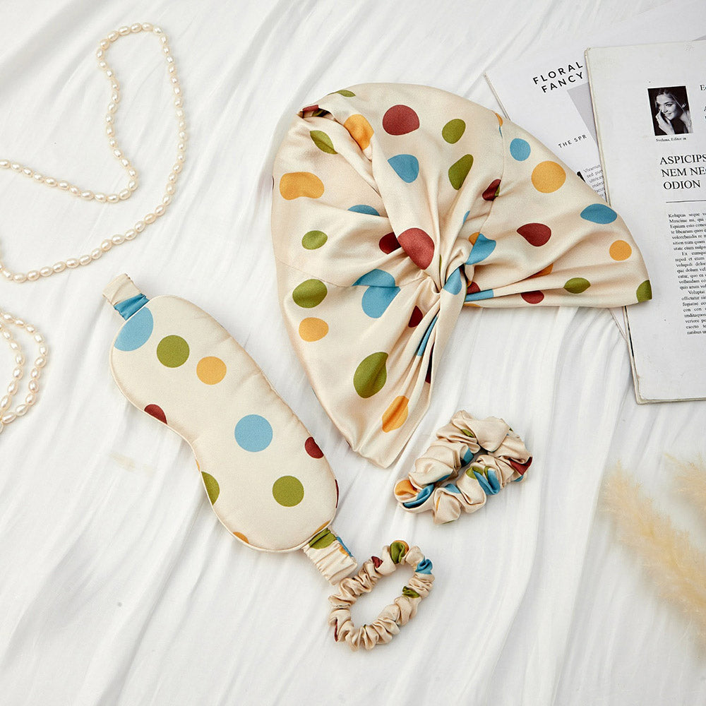 Silk Bonnet with Eye Mask Gift Set - Blue Polka Dots