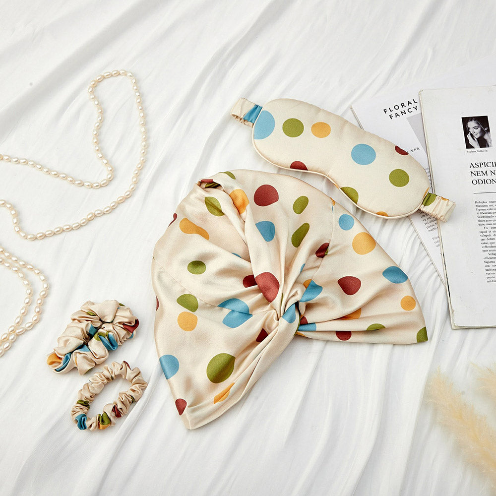 Silk Bonnet with Eye Mask Gift Set - Blue Polka Dots