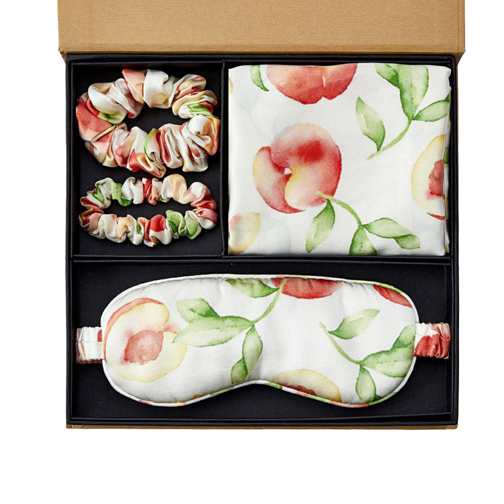 Silk Pillowcase with Eye Mask Gift Set - Peach Patterned