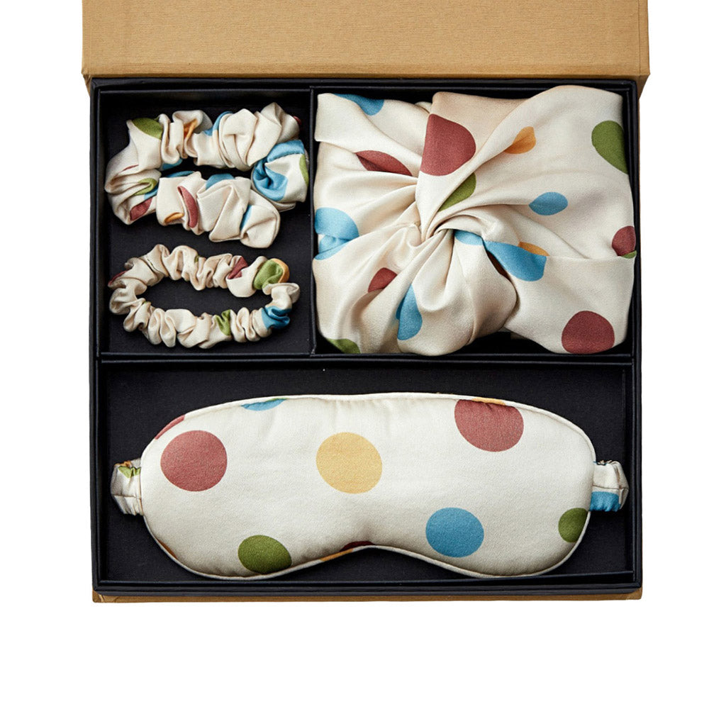 Silk Bonnet with Eye Mask Gift Set - Blue Polka Dots