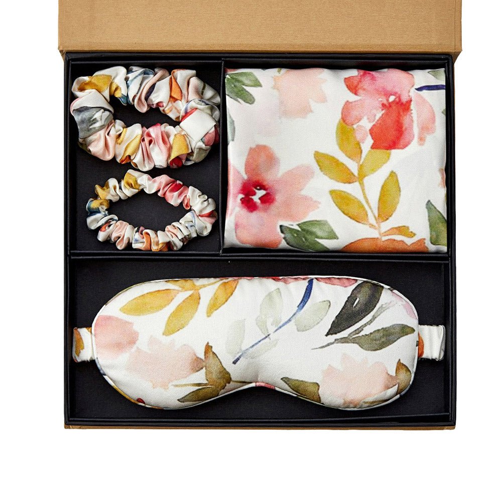 Taie d'oreiller en soie avec masque pour les yeux - Coffret cadeau - Floral blanc
