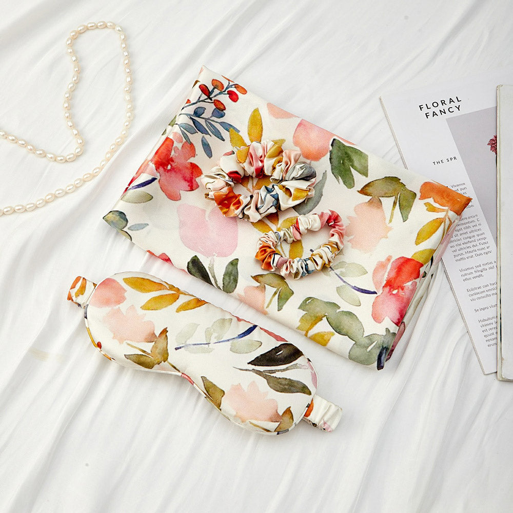 Taie d'oreiller en soie avec masque pour les yeux - Coffret cadeau - Floral blanc