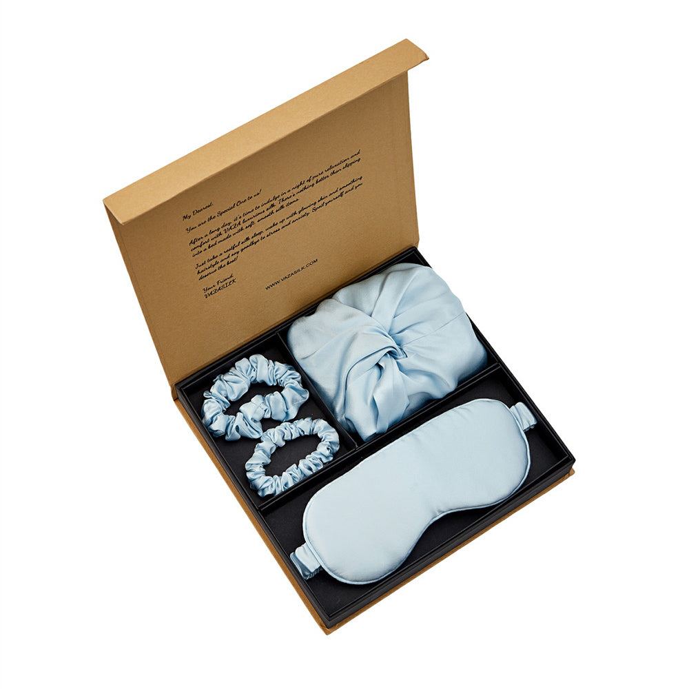 Silk Bonnet with Eye Mask Gift Set - Light Blue