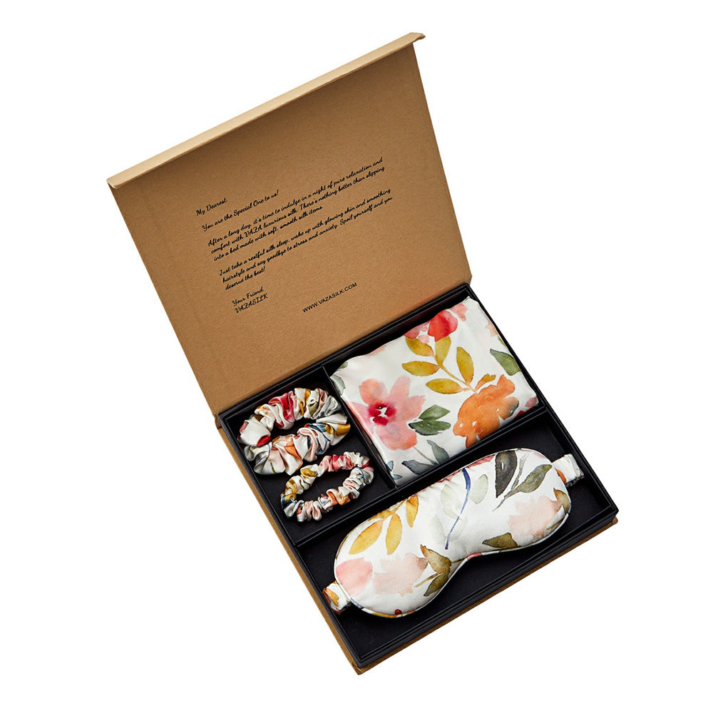 Taie d'oreiller en soie avec masque pour les yeux - Coffret cadeau - Floral blanc