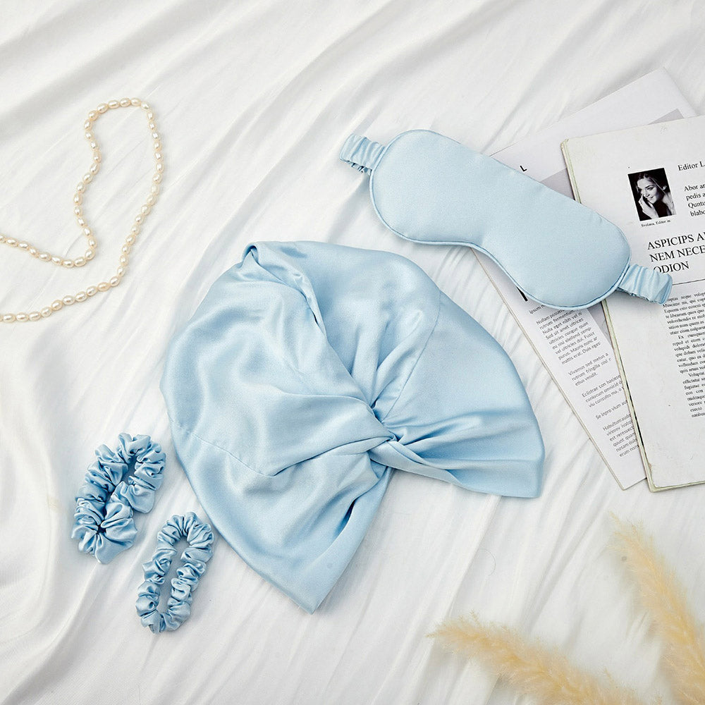 Silk Bonnet with Eye Mask Gift Set - Light Blue