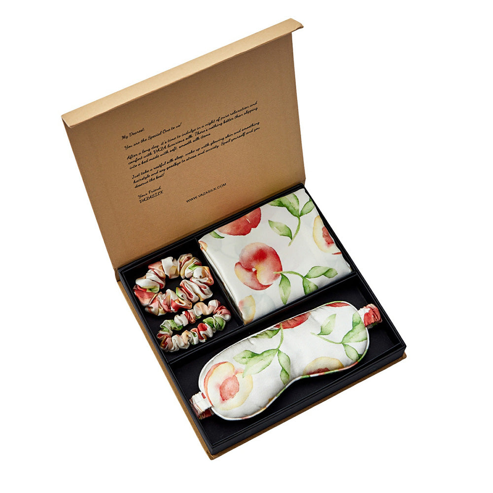 Silk Pillowcase with Eye Mask Gift Set - Peach Patterned