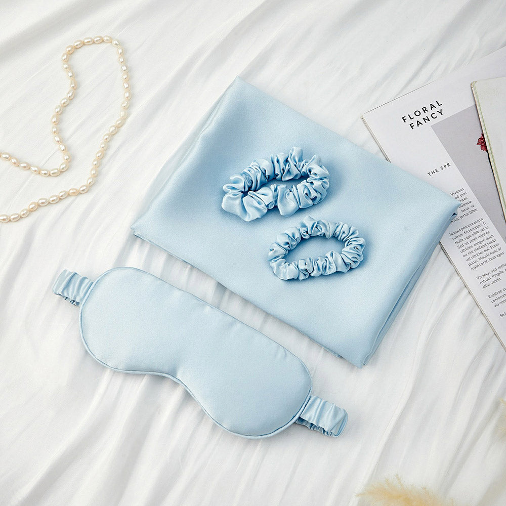 Silk Pillowcase with Eye Mask Gift Set - Light Blue