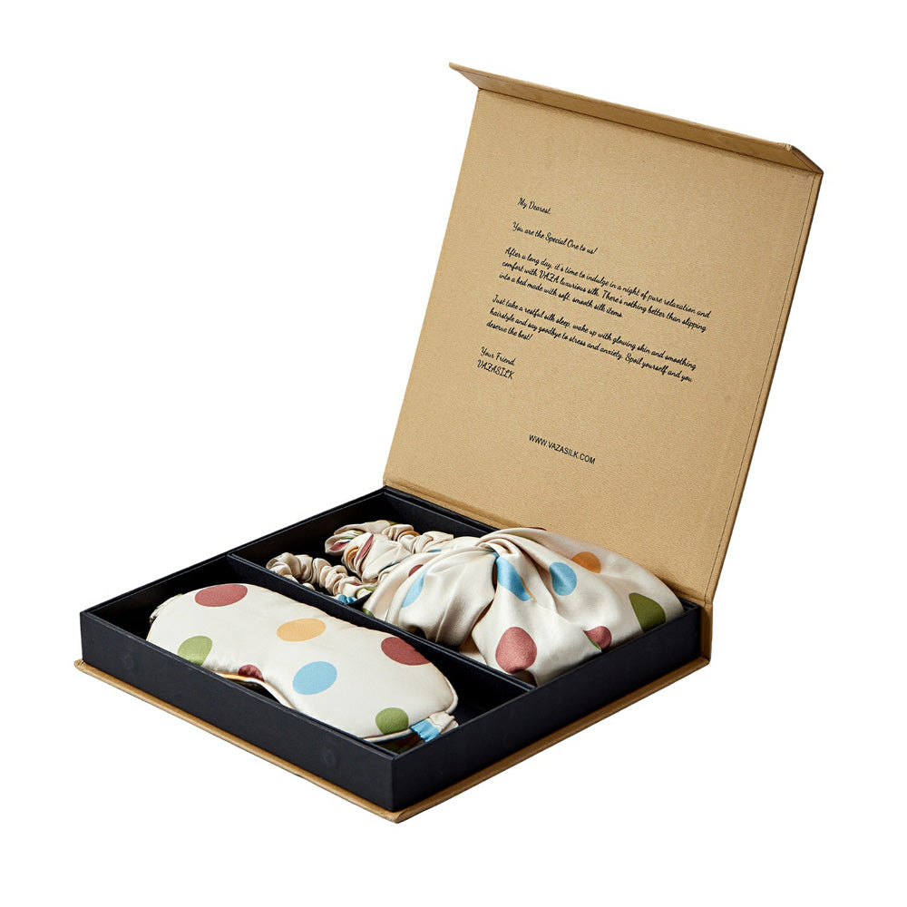 Silk Bonnet with Eye Mask Gift Set - Blue Polka Dots