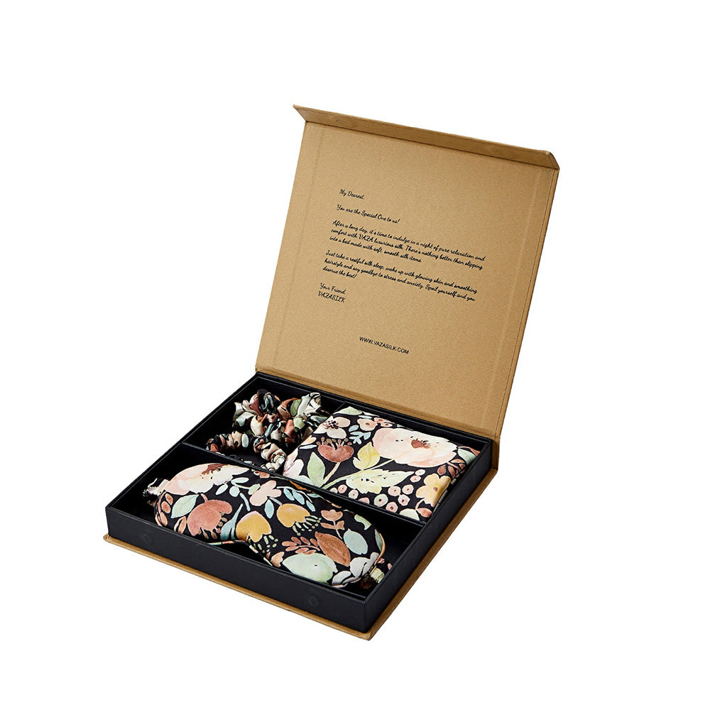Silk Pillowcase with Eye Mask Gift Set - Black Floral
