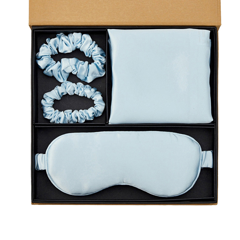 Silk Pillowcase with Eye Mask Gift Set - Light Blue