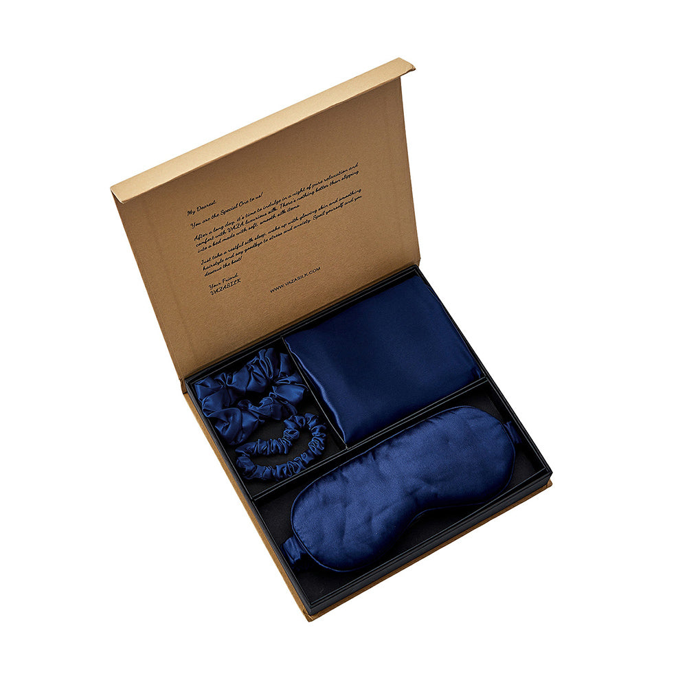 Seiden-Kissenbezug mit Augenmaske als Geschenkset - Marineblau