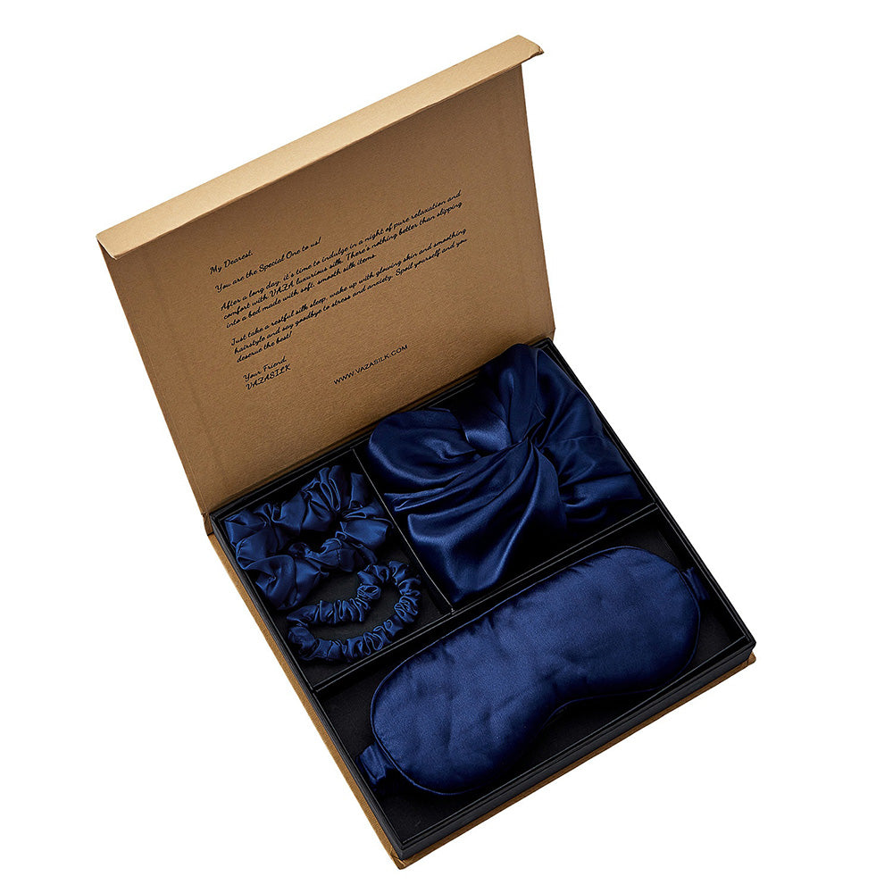 Seidenhaube mit Augenmaske Geschenkset - Marineblau