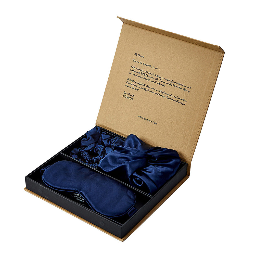 Seidenhaube mit Augenmaske Geschenkset - Marineblau