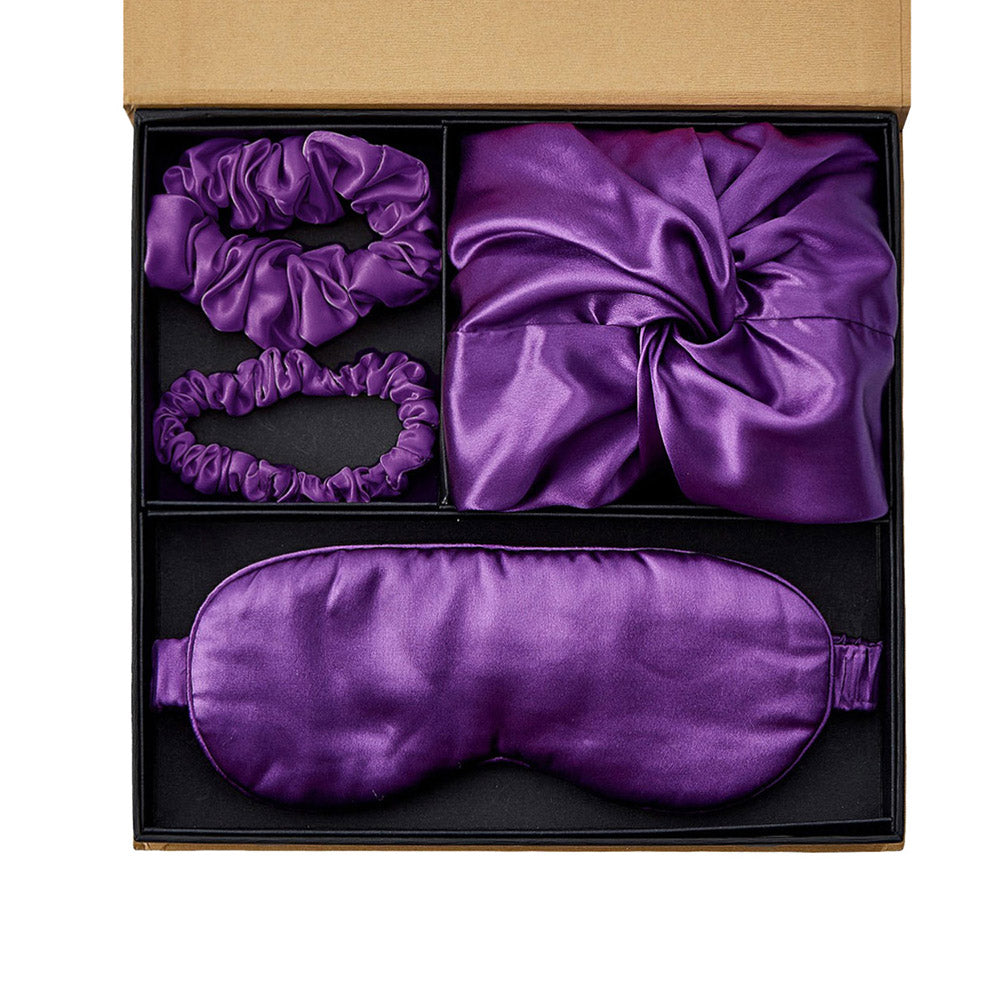Coffret Cadeau Bonnet en Soie avec Masque pour les Yeux - Violet Royal