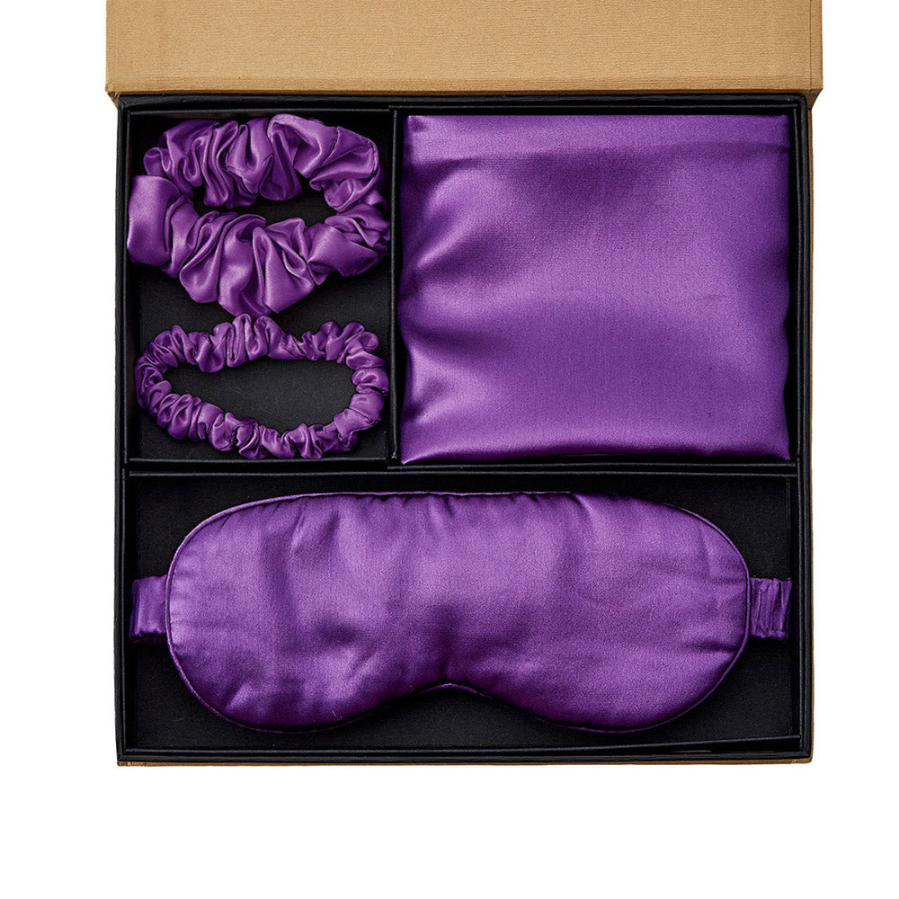 Coffret Cadeau Taie d'oreiller en Soie avec Masque pour les Yeux - Violet Royal