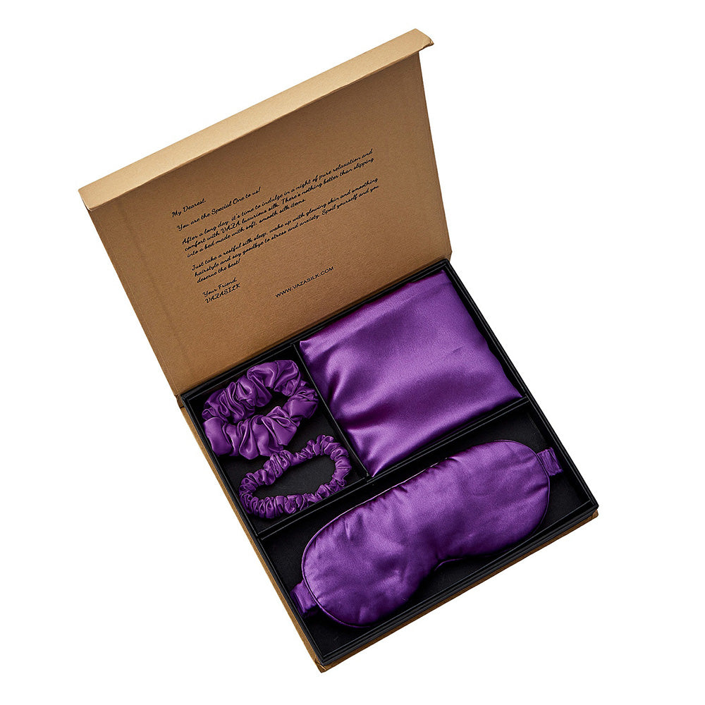 Coffret Cadeau Taie d'oreiller en Soie avec Masque pour les Yeux - Violet Royal