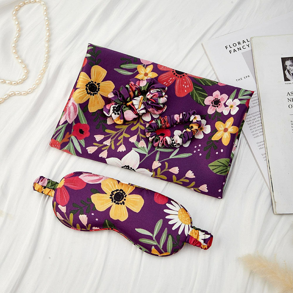Coffret Cadeau Taie d'oreiller en Soie avec Masque pour les Yeux - Floral Violet