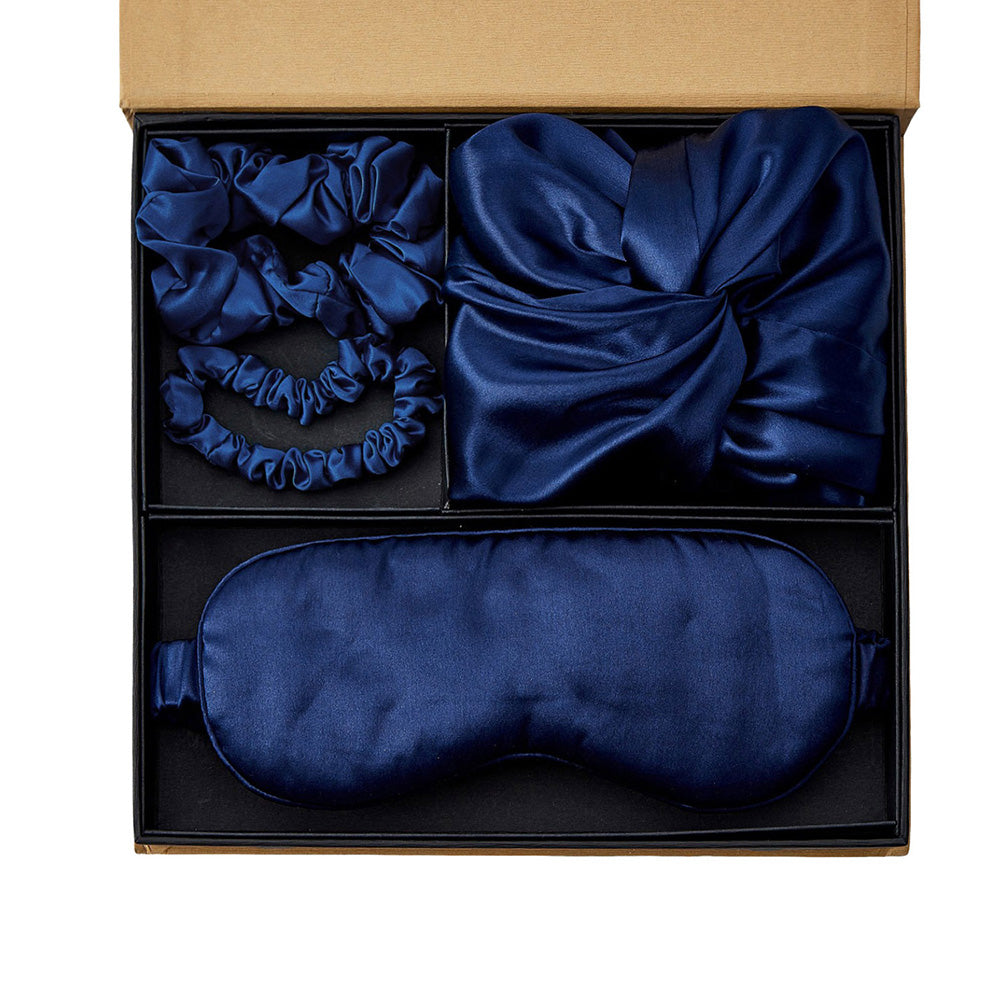 Coffret Cadeau Bonnet en Soie avec Masque pour les Yeux - Bleu Marine