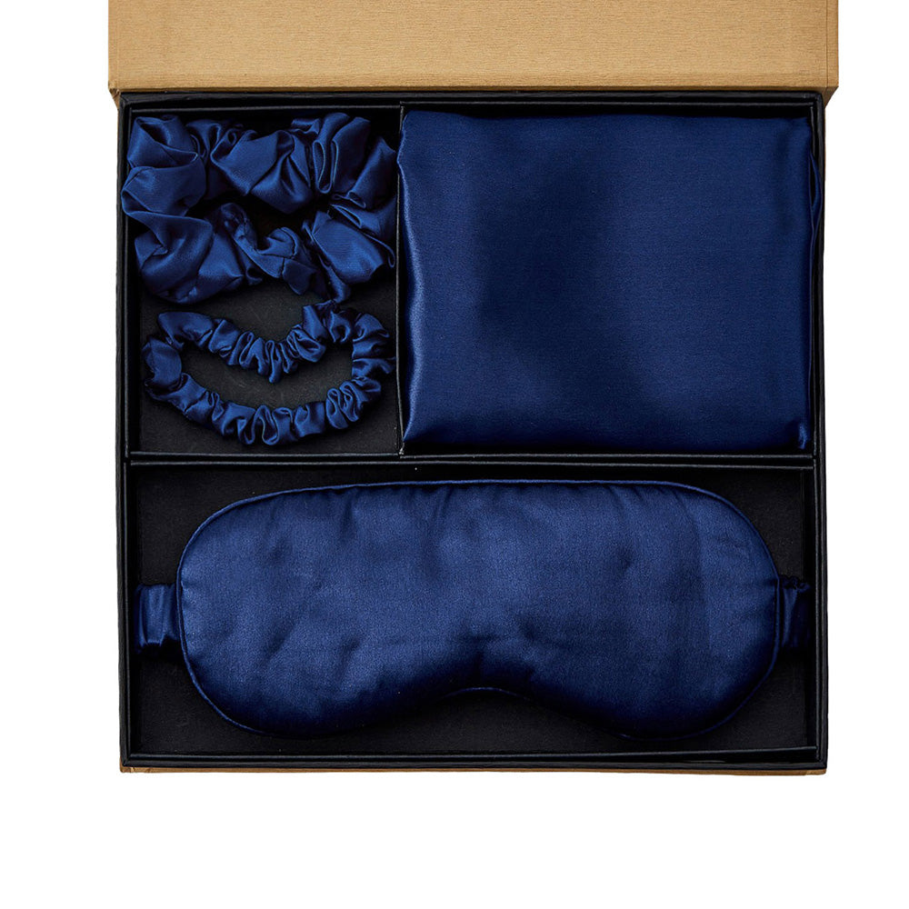 Coffret Cadeau Taie d'oreiller en Soie avec Masque pour les Yeux - Bleu Marine