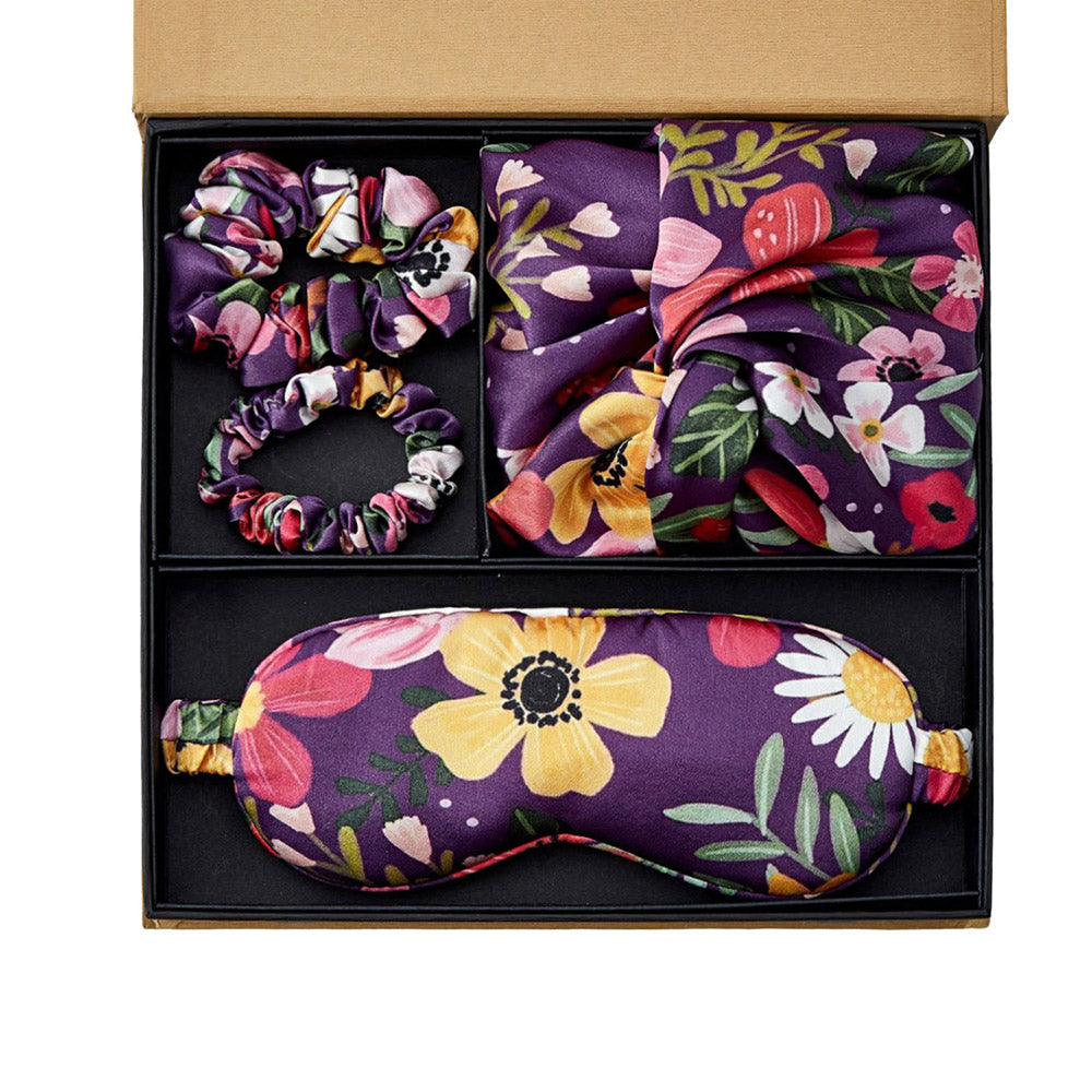 Coffret Cadeau Bonnet en Soie avec Masque pour les Yeux - Floral Violet