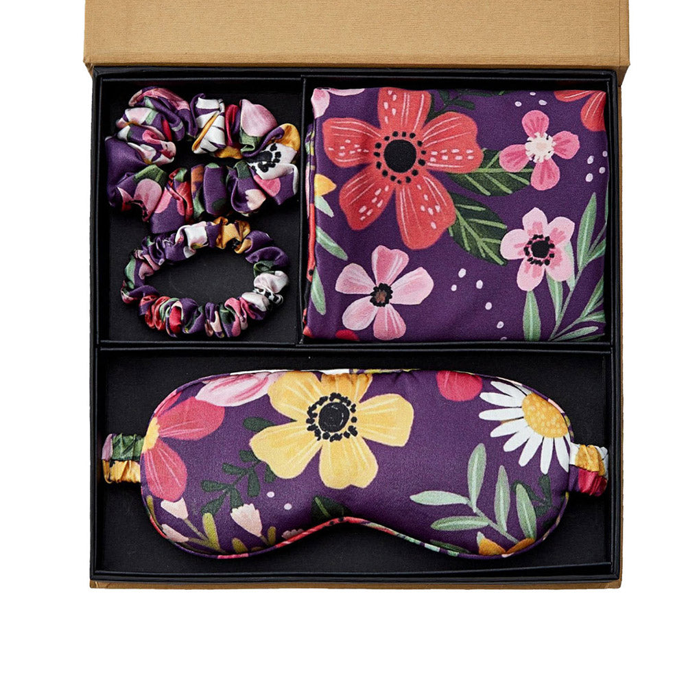 Coffret Cadeau Taie d'oreiller en Soie avec Masque pour les Yeux - Floral Violet