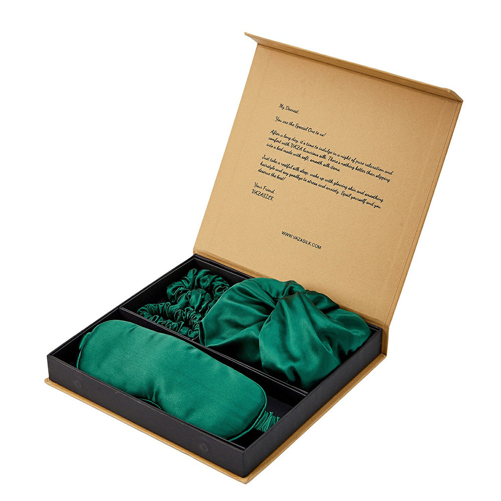 Silk Bonnet with Eye Mask Gift Set - Dark Green