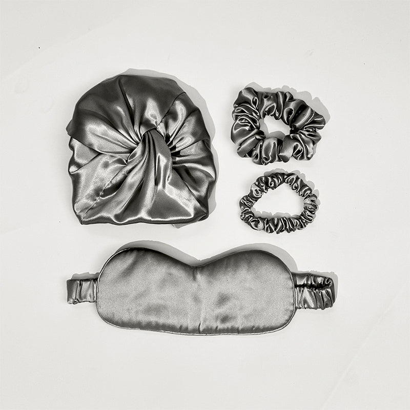 Silk Bonnet with Eye Mask Gift Set - Dark Gray