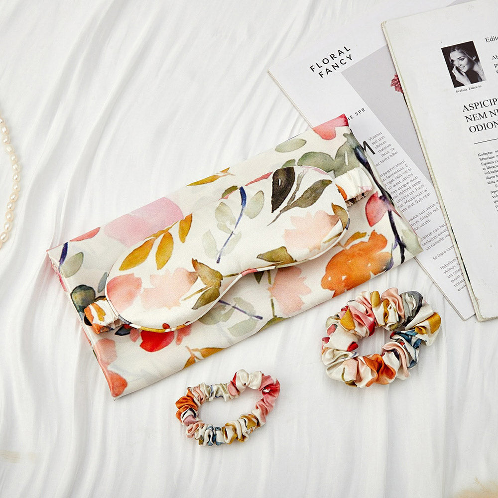 Silk Pillowcase with Eye Mask Gift Set- White Floral
