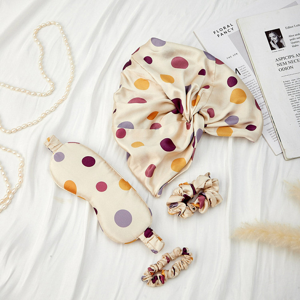 Silk Bonnet with Eye Mask Gift Set- Purple Polka Dots