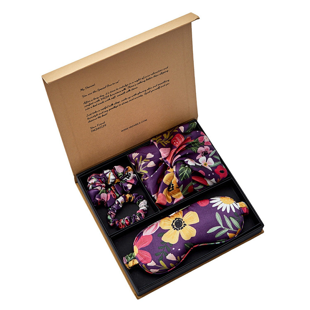 Coffret Cadeau Bonnet en Soie avec Masque pour les Yeux - Floral Violet