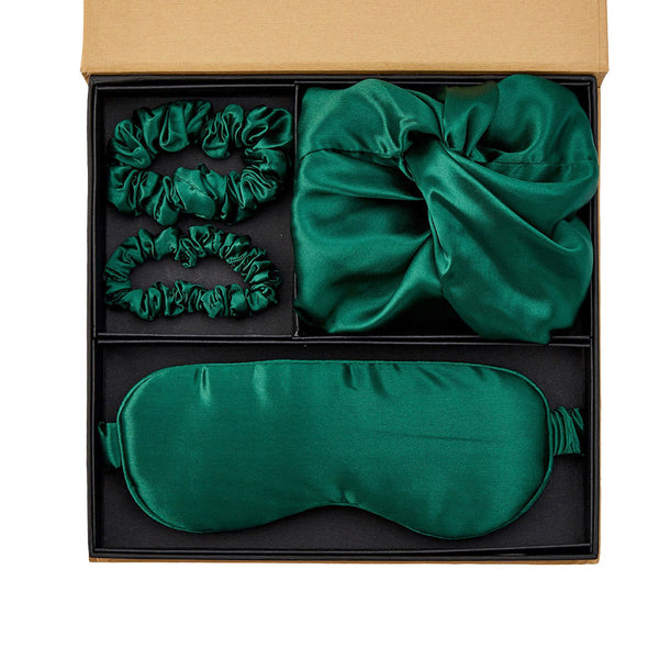Silk Bonnet with Eye Mask Gift Set - Dark Green