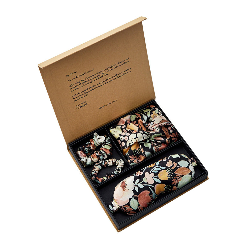 Silk Bonnet with Eye Mask Gift Set - Black Floral