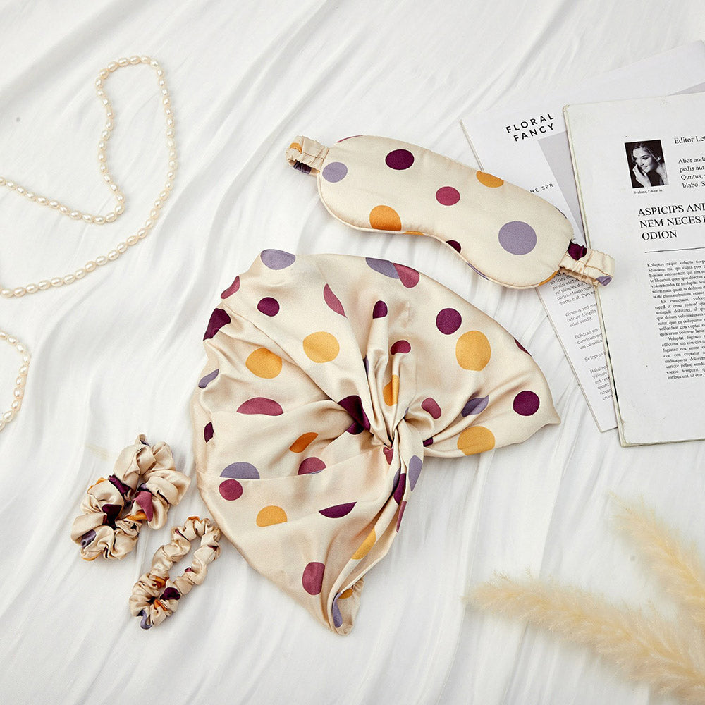 Silk Bonnet with Eye Mask Gift Set- Purple Polka Dots