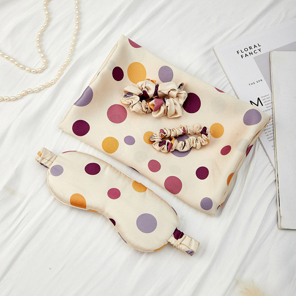 Silk Pillowcase with Eye Mask Gift Set - Purple Polka Dots