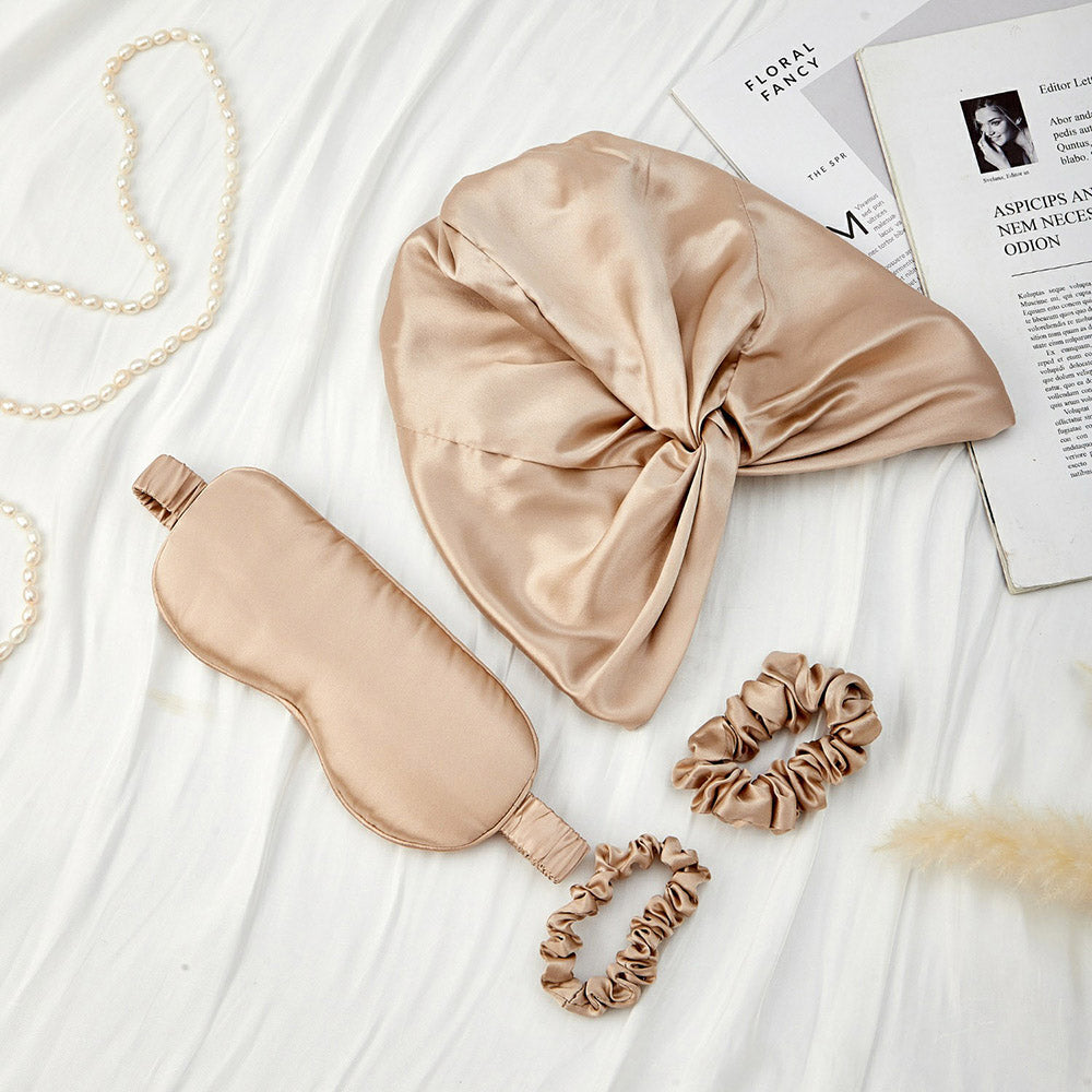 Silk Bonnet with Eye Mask Gift Set - Champagne