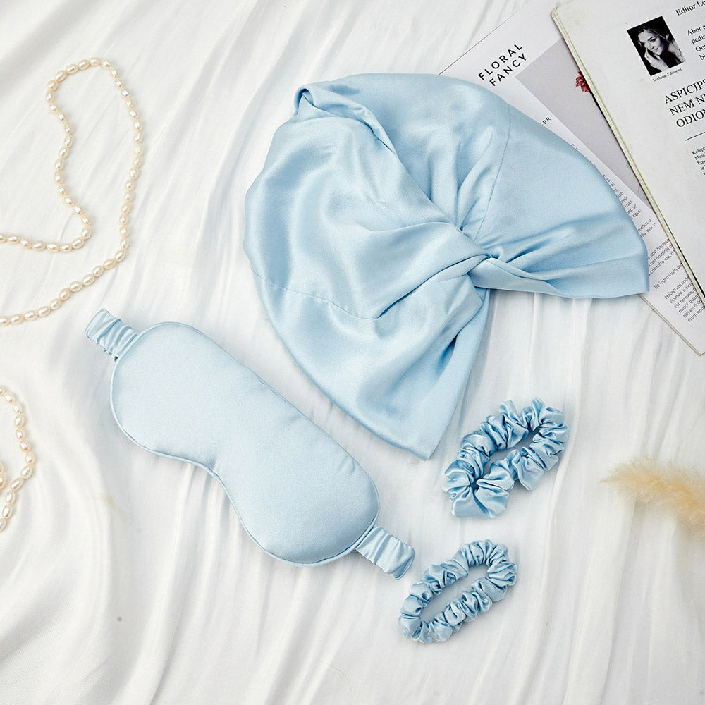 Silk Bonnet with Eye Mask Gift Set - Light Blue