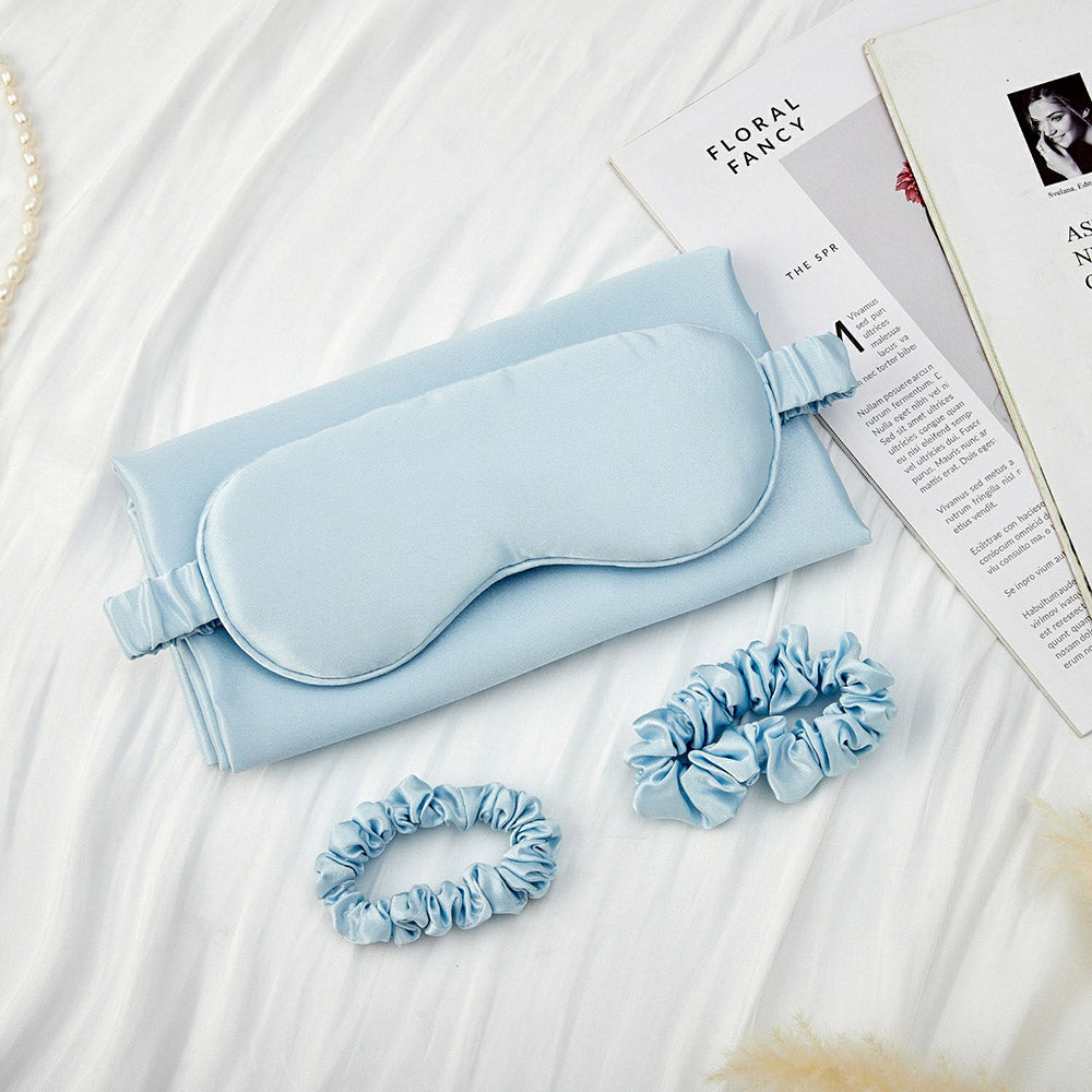 Silk Pillowcase with Eye Mask Gift Set - Light Blue