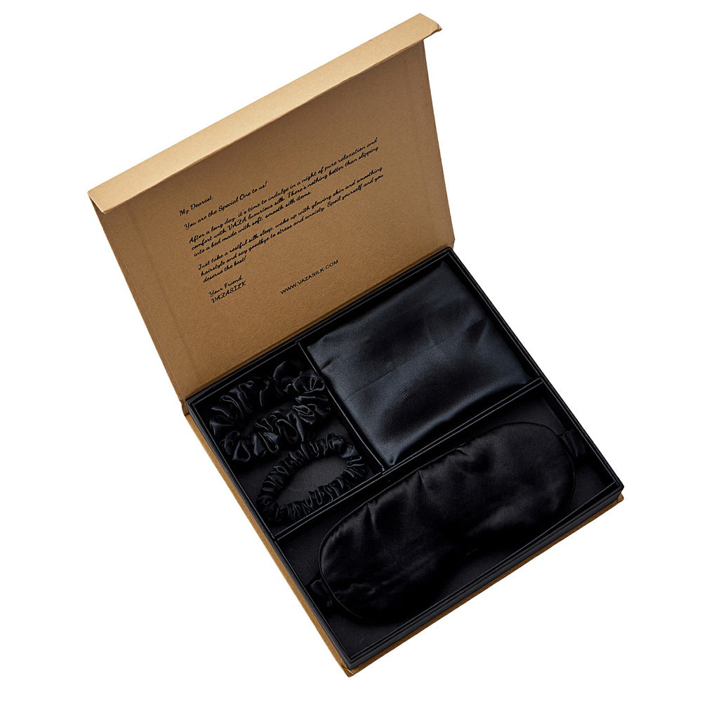 Silk Pillowcase with Eye Mask Gift Set - Black