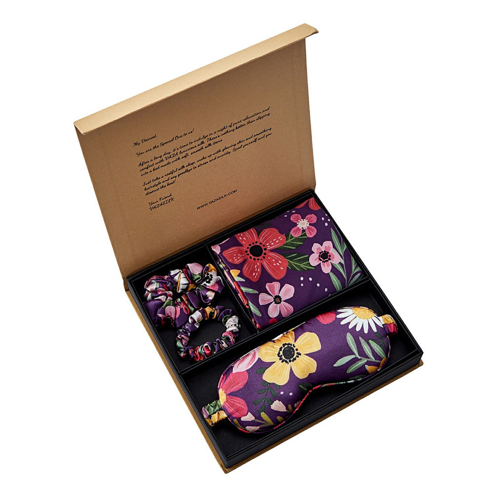 Coffret Cadeau Taie d'oreiller en Soie avec Masque pour les Yeux - Floral Violet