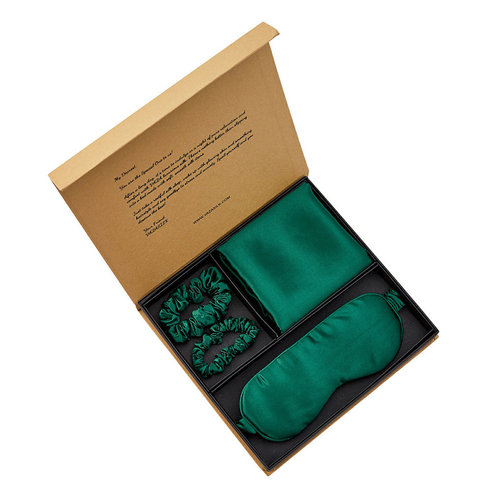 Silk Pillowcase with Eye Mask Gift Set - Dark Green