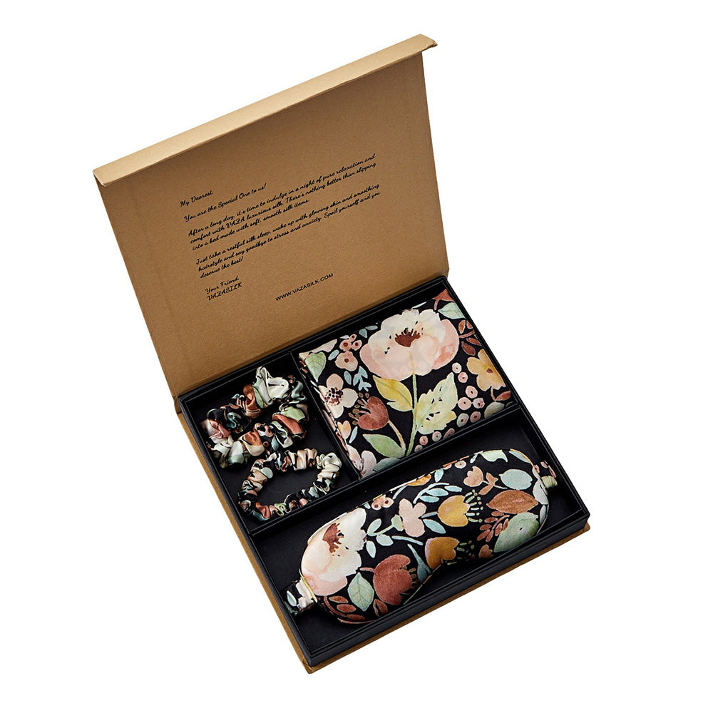 Coffret Cadeau Taie d'oreiller en Soie avec Masque pour les Yeux - Floral Noir