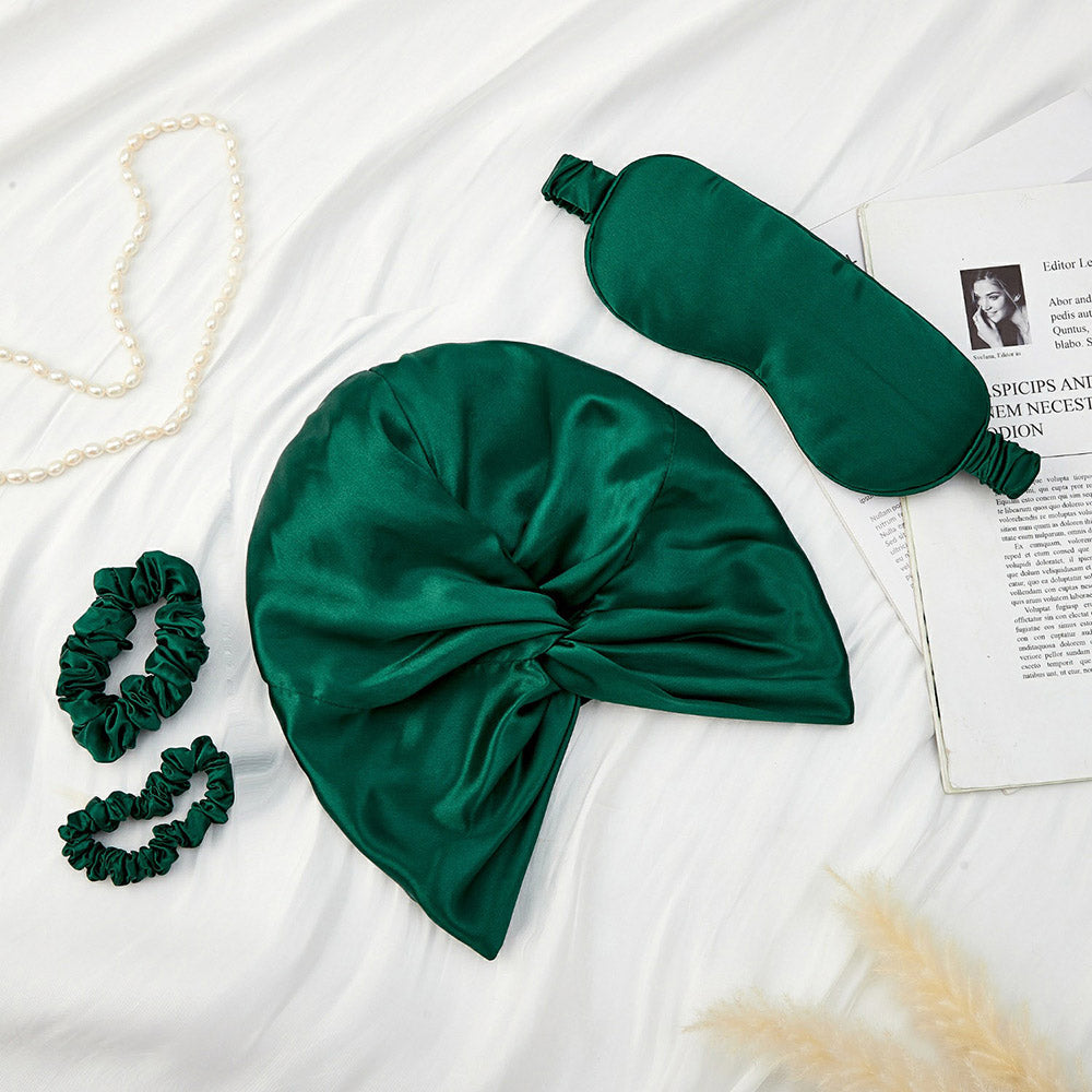 Coffret Cadeau Bonnet en Soie avec Masque pour les Yeux - Vert Foncé