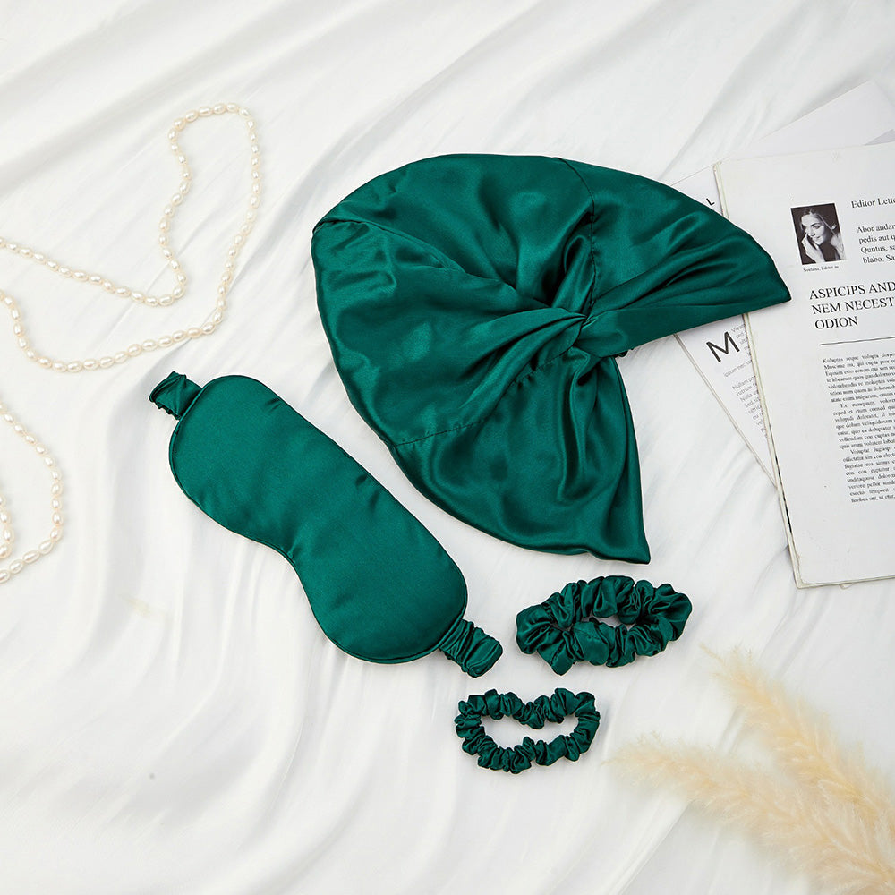 Silk Bonnet with Eye Mask Gift Set - Dark Green