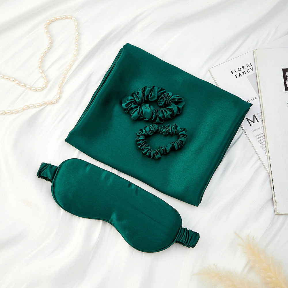 Seiden-Kissenbezug mit Augenmaske als Geschenkset - Dunkelgrün